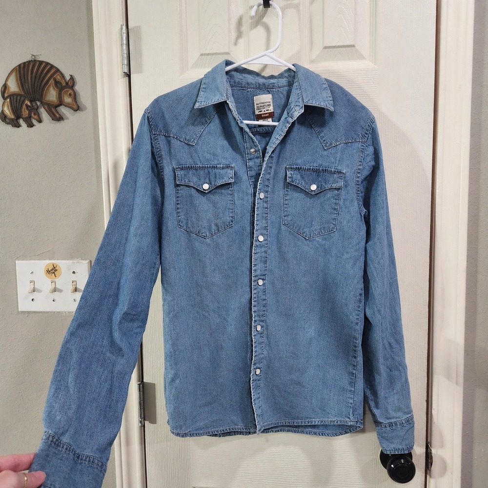 Authentics Signature Levi Strauss Mens Small Denim Western Pearl Snap Shirt Blue